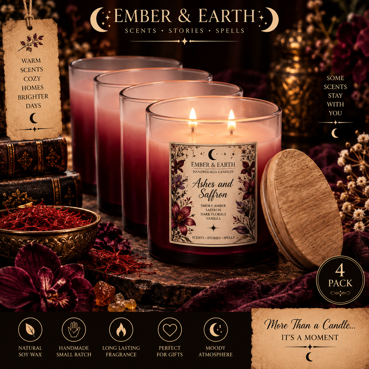 Ashes & Saffron Candle Set | 4 Pack Scented Candles | Smoky Amber & Saffron | Dark Floral Candle Set | Gothic Gift | Ember & Earth