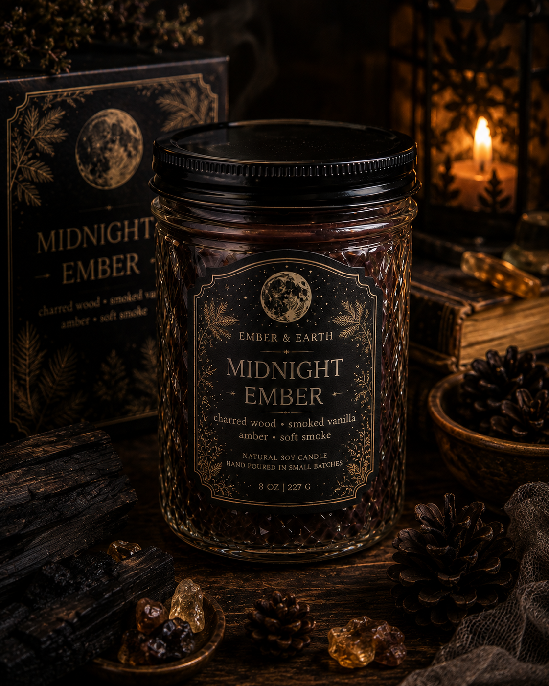 Midnight Ember  Scent Profile: Charred Wood • Smoked Vanilla • Warm Amber • Soft Smoke