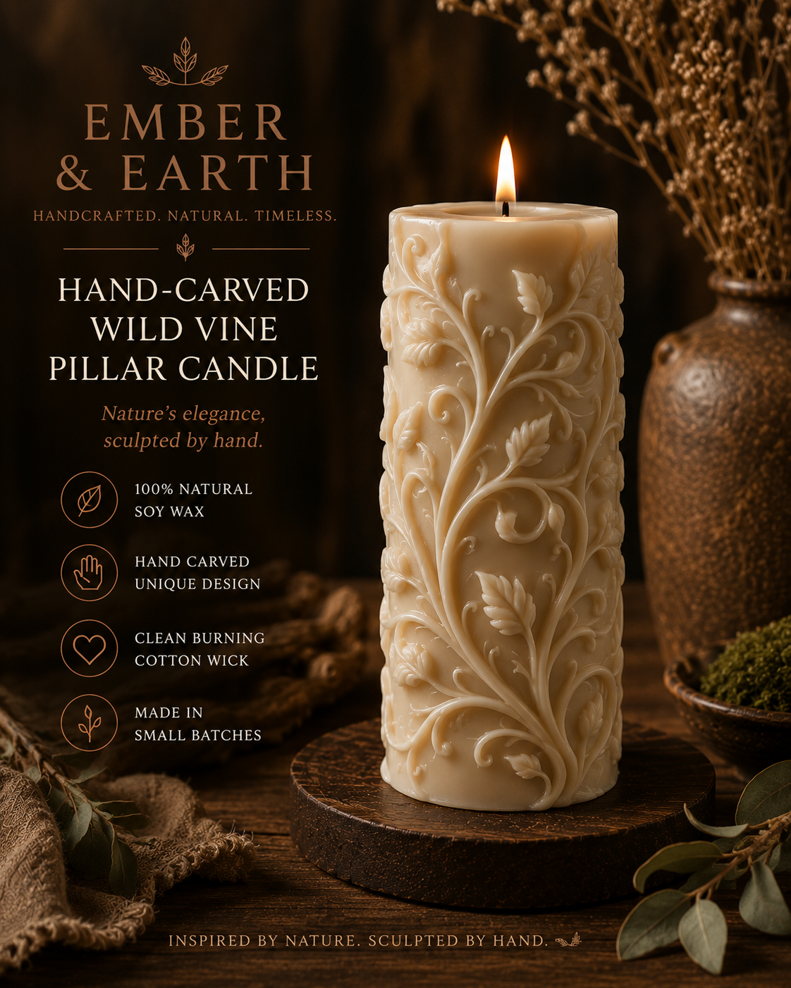 Ember & Earth Hand-Carved Wild Vine Pillar Candle