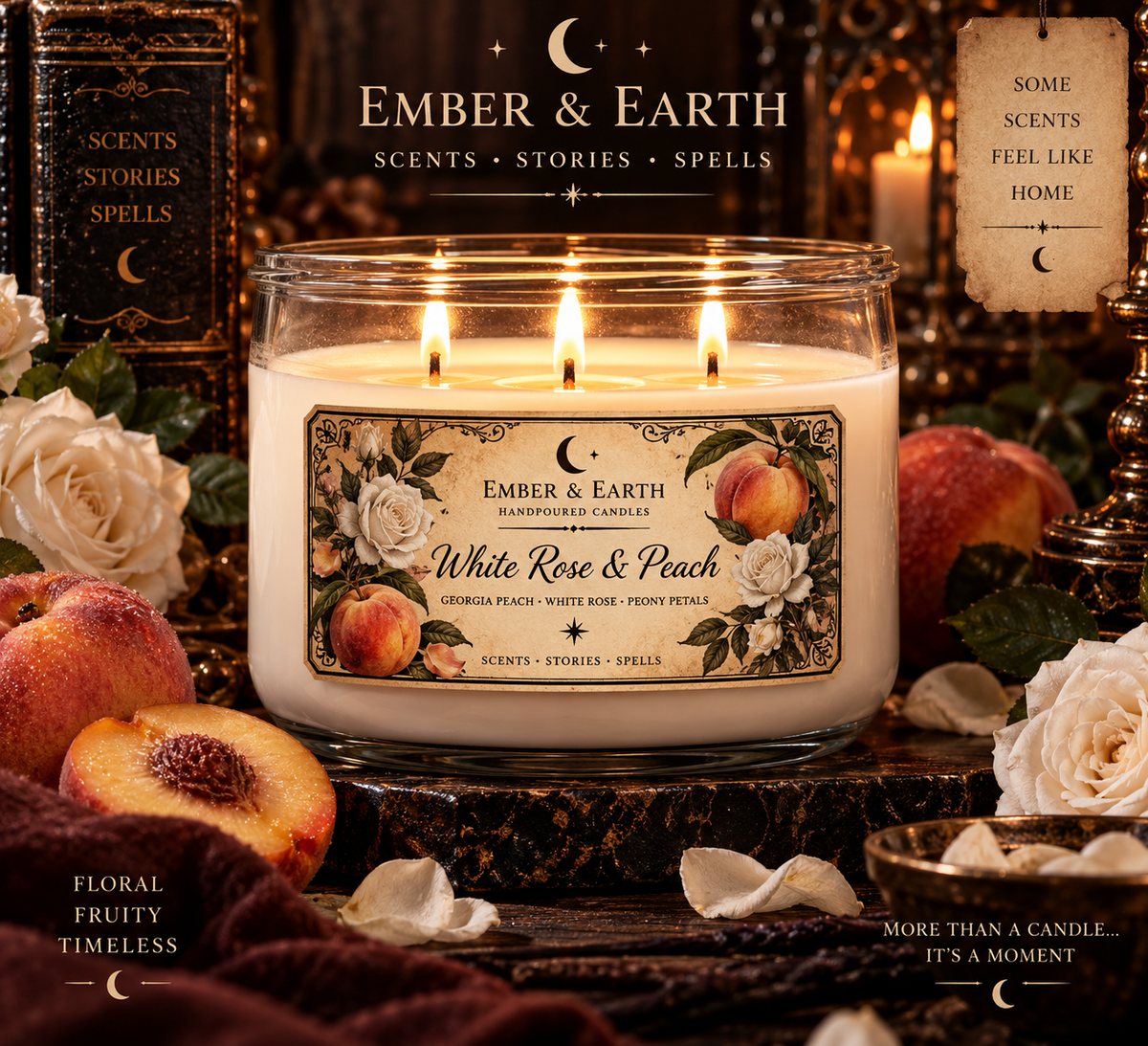 White Rose & Peach Candle | Peach & Rose Scented Candle | Romantic Floral Candle | Fruity Floral Candle | Elegant Home Decor | Ember & Earth