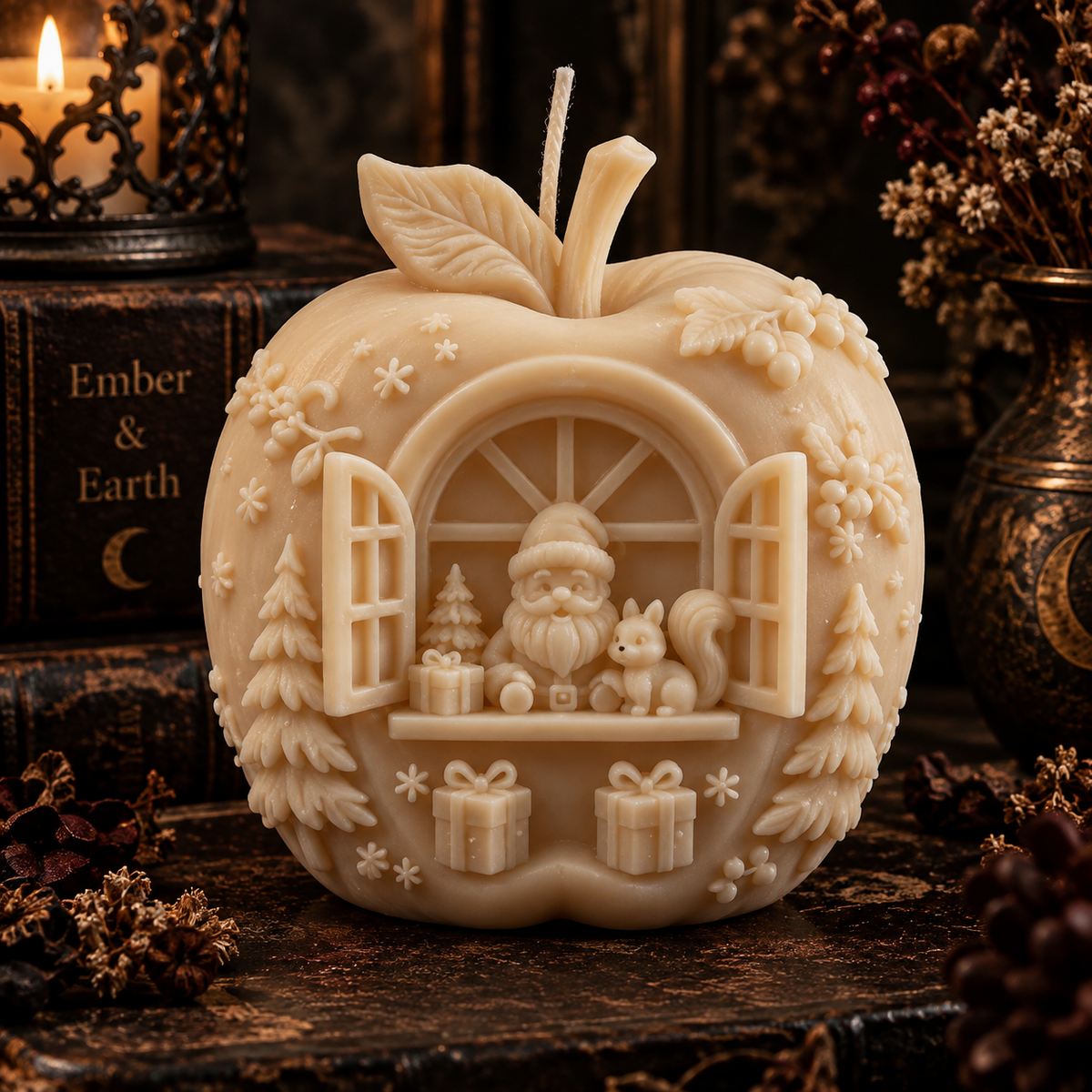 Enchanted Winter Apple Cottage Candle | Christmas Village Candle | Whimsical Holiday Decor | Santa & Squirrel Candle | Gothic Cottagecore | Ember & Earth