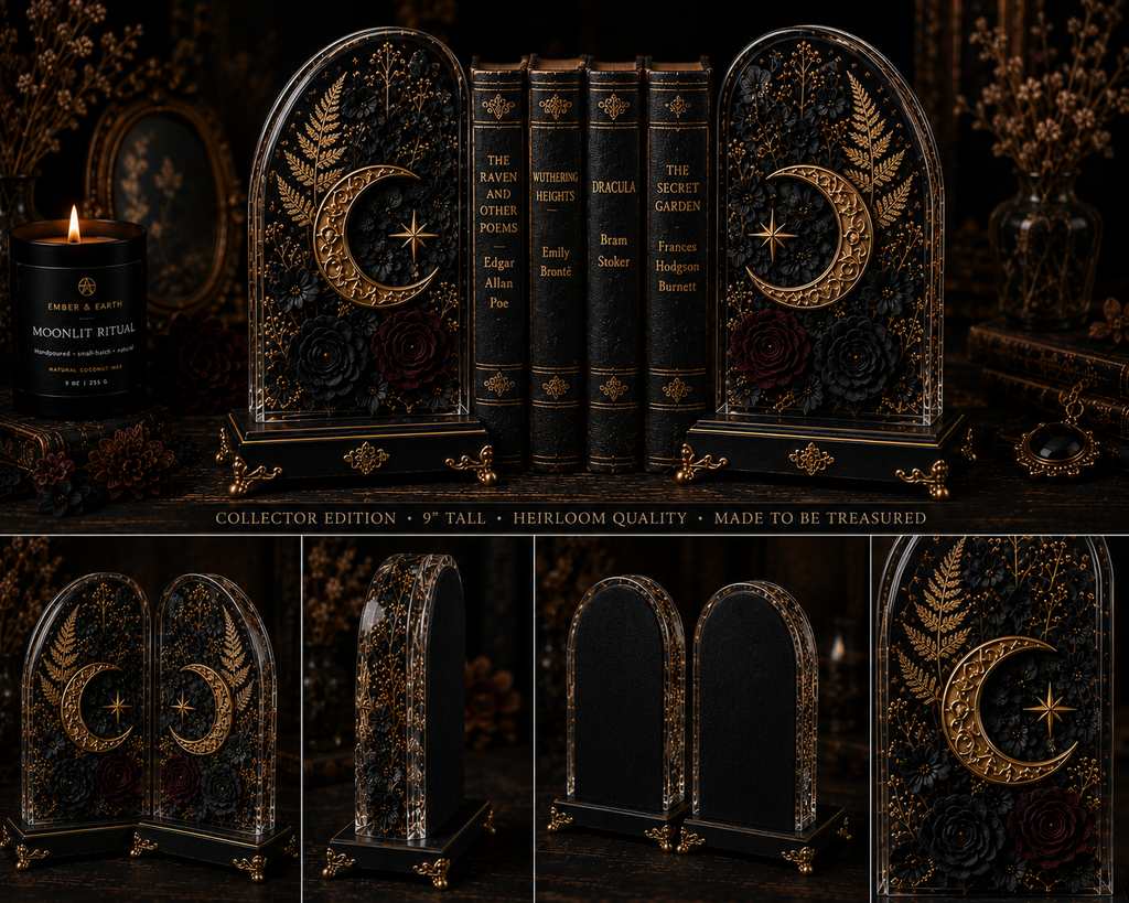 Celestial Bookends | Botanical Resin Bookends | Gothic Home Decor | Dark Academia Bookshelf Decor | Luxury Literary Gift | Ember & Earth Curiosities