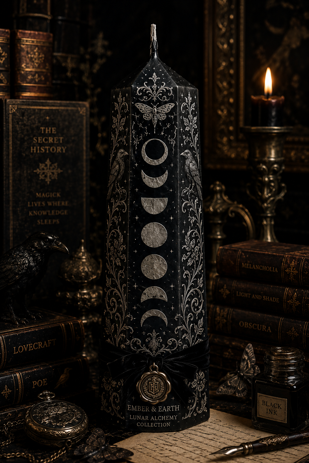 Dark Academia Luxury Moon Phase Pillar Candle | Gothic Library Decor | Victorian Candle | Literary Gift | Lunar Alchemy