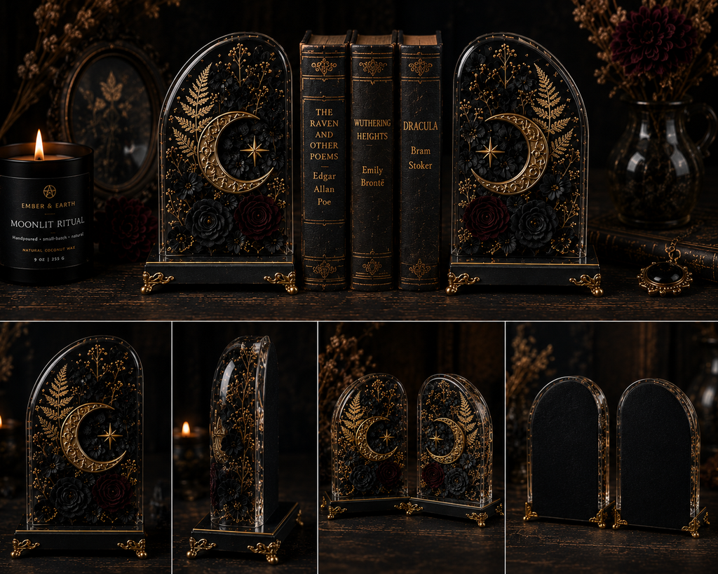 Celestial Bookends | Botanical Resin Bookends | Gothic Home Decor | Dark Academia Bookshelf Decor | Luxury Literary Gift | Ember & Earth Curiosities