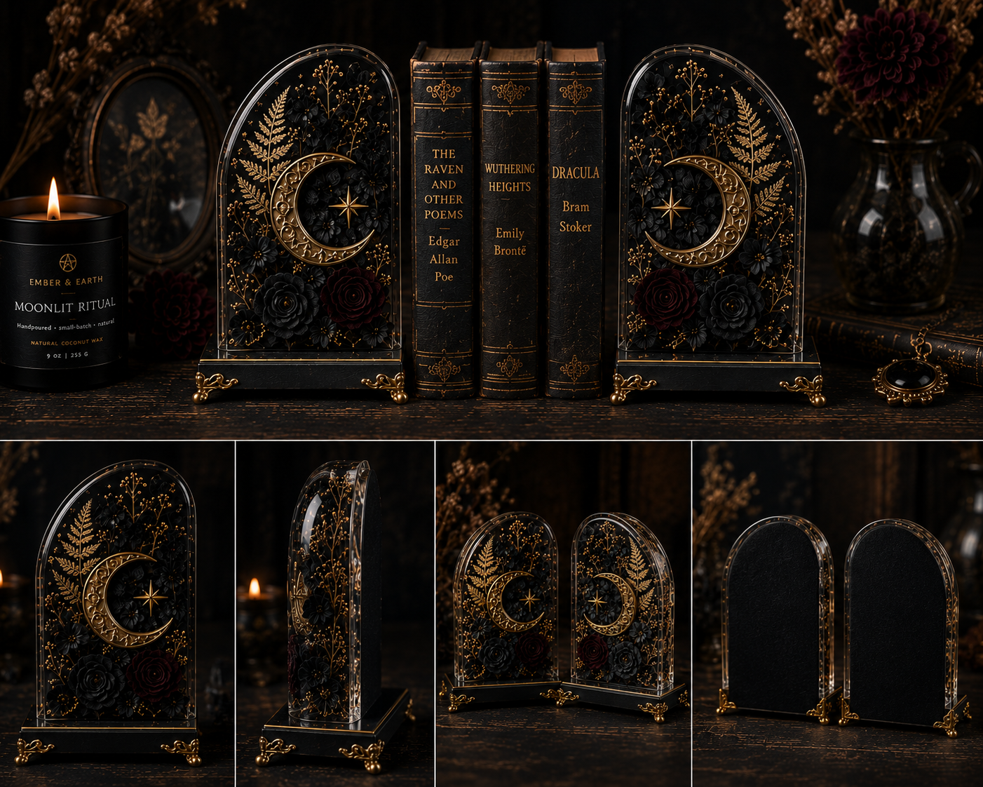 Celestial Bookends | Botanical Resin Bookends | Gothic Home Decor | Dark Academia Bookshelf Decor | Luxury Literary Gift | Ember & Earth Curiosities