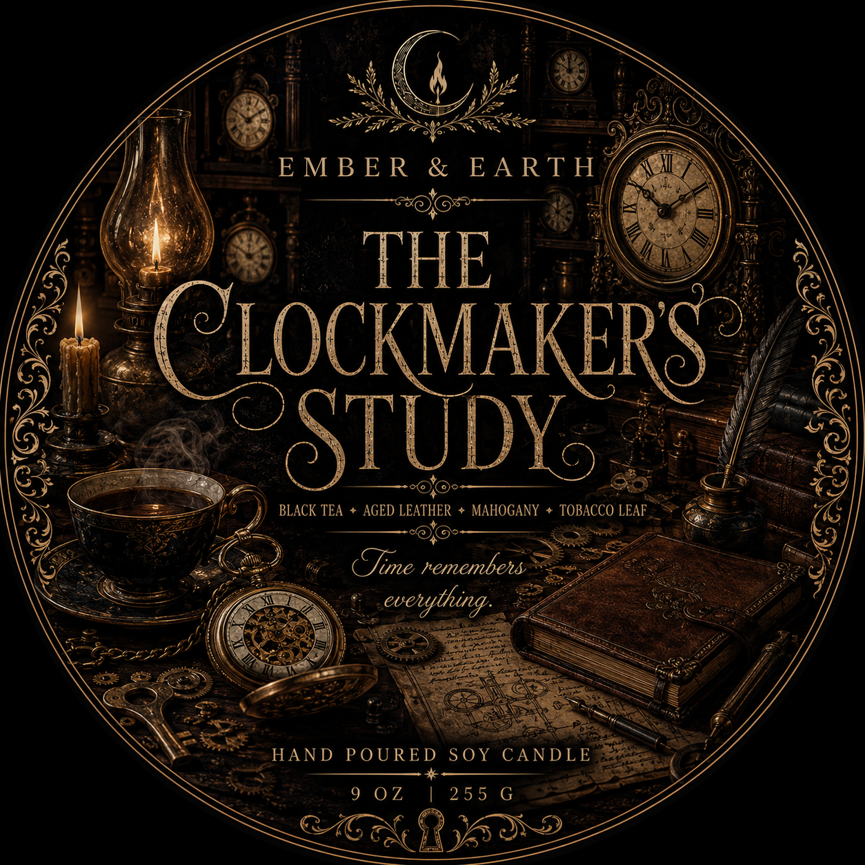 The Clockmaker's Study | Black Tea, Leather & Tobacco Luxury Soy Candle | Dark Academia Candle | Hand-Poured by Ember & Earth