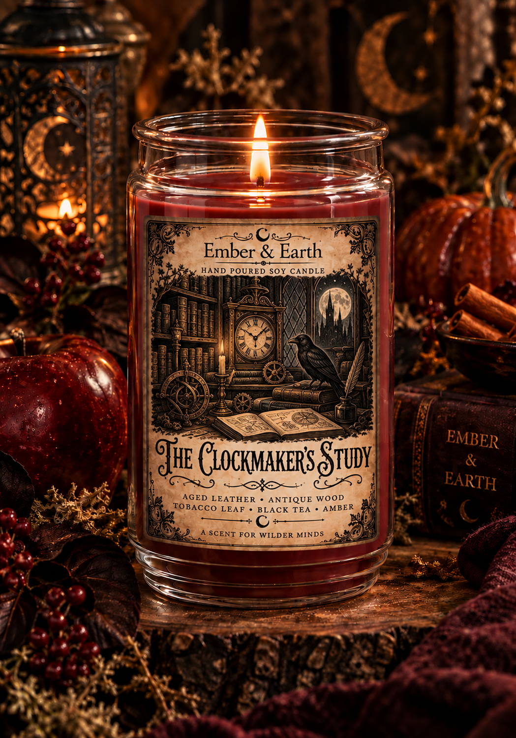 The Clockmaker's Study | Black Tea, Leather & Tobacco Luxury Soy Candle | Dark Academia Candle | Hand-Poured by Ember & Earth