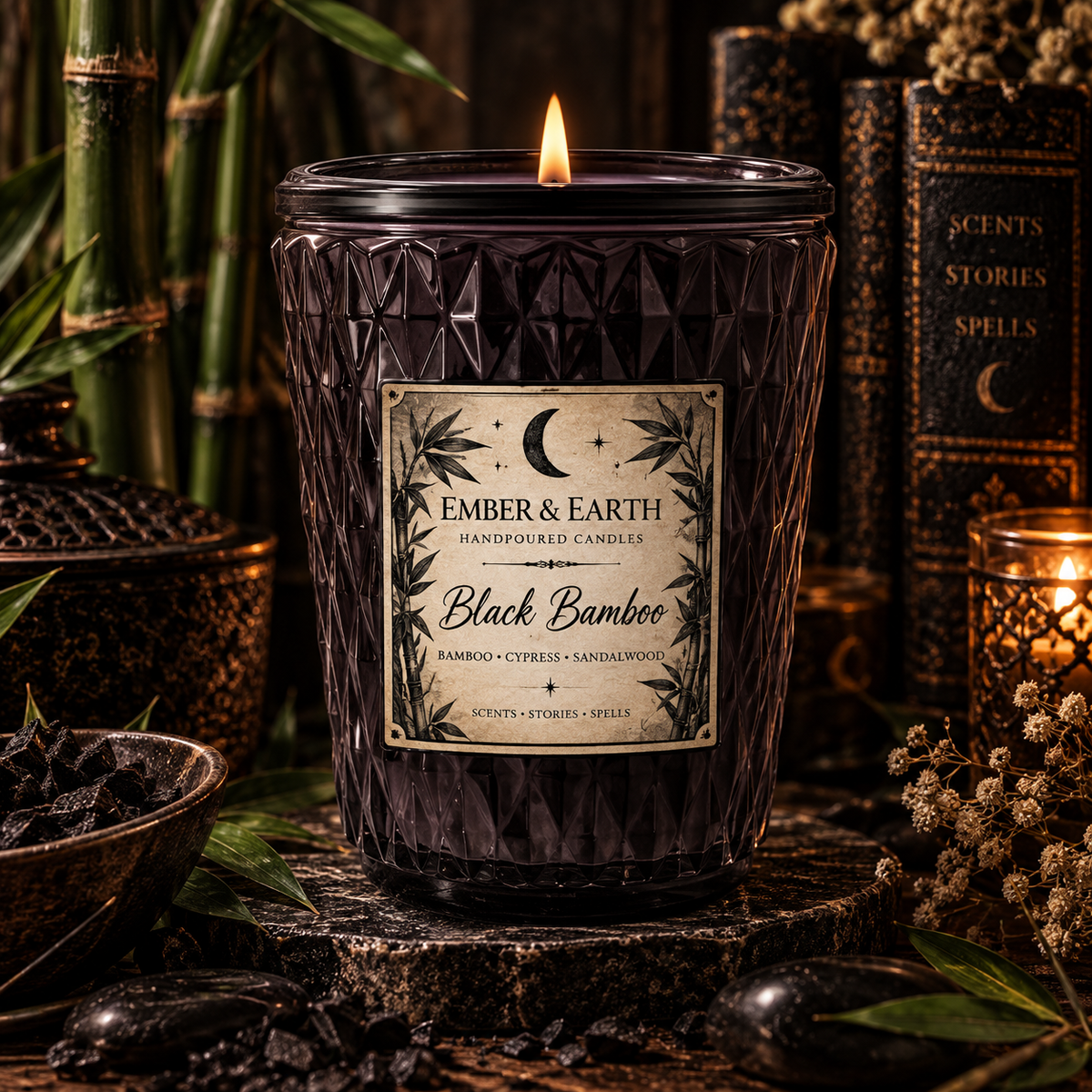 Black Bamboo Candle | Bamboo & Sandalwood Scented Candle | Dark Earthy Candle | Botanical Home Decor | Ember & Earth Handmade Candle