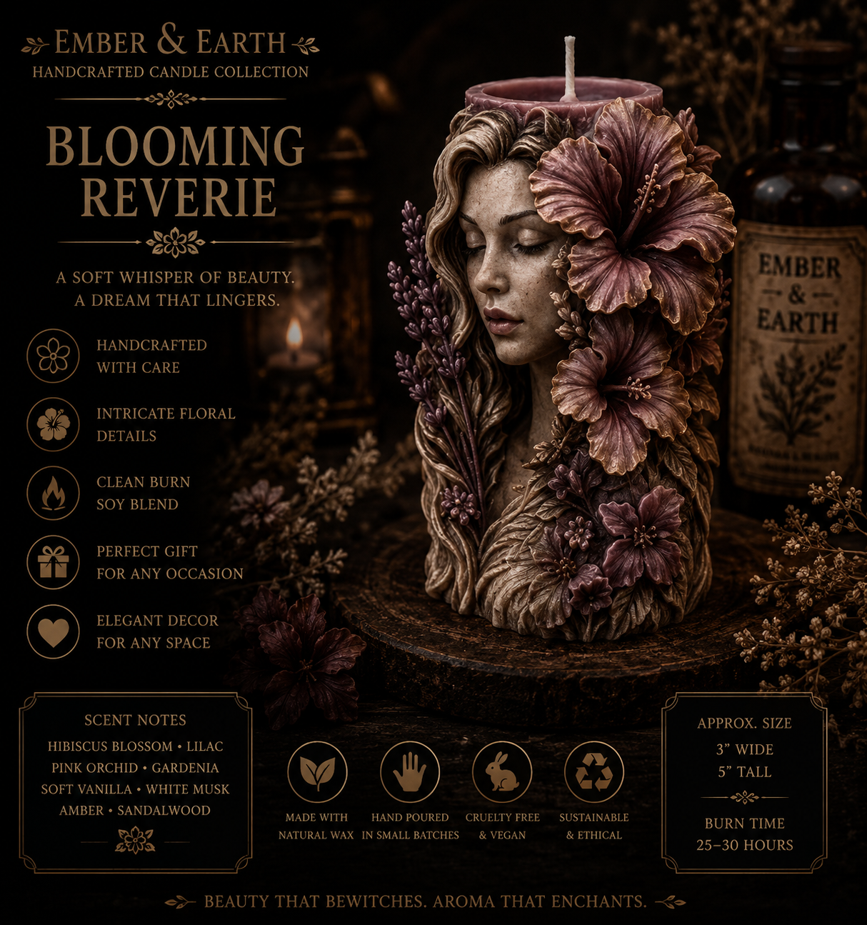 Blooming Reverie | Handcrafted Floral Goddess Candle | Botanical Bust Candle | Luxury Soy Wax Sculpture | Dark Cottagecore Déc candle | Ember & Earth