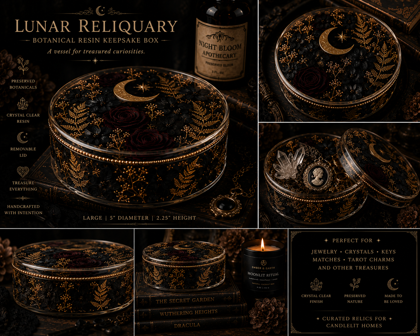 Lunar Reliquary | Botanical Resin Keepsake Box | Gothic Home Decor | Dark Academia Curio Container | Luxury Trinket Box