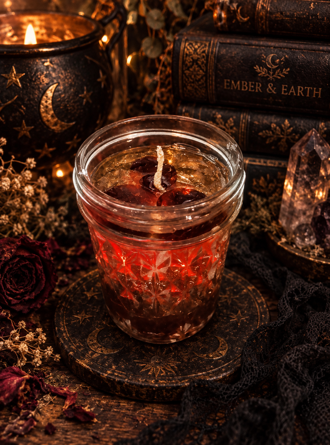 Blood & Ember Candle | Hand-Poured Amber Red Candle | Vintage Cut Glass Jar | Dark Apothecary Candle | Gothic Home Decor | Ember & Earth