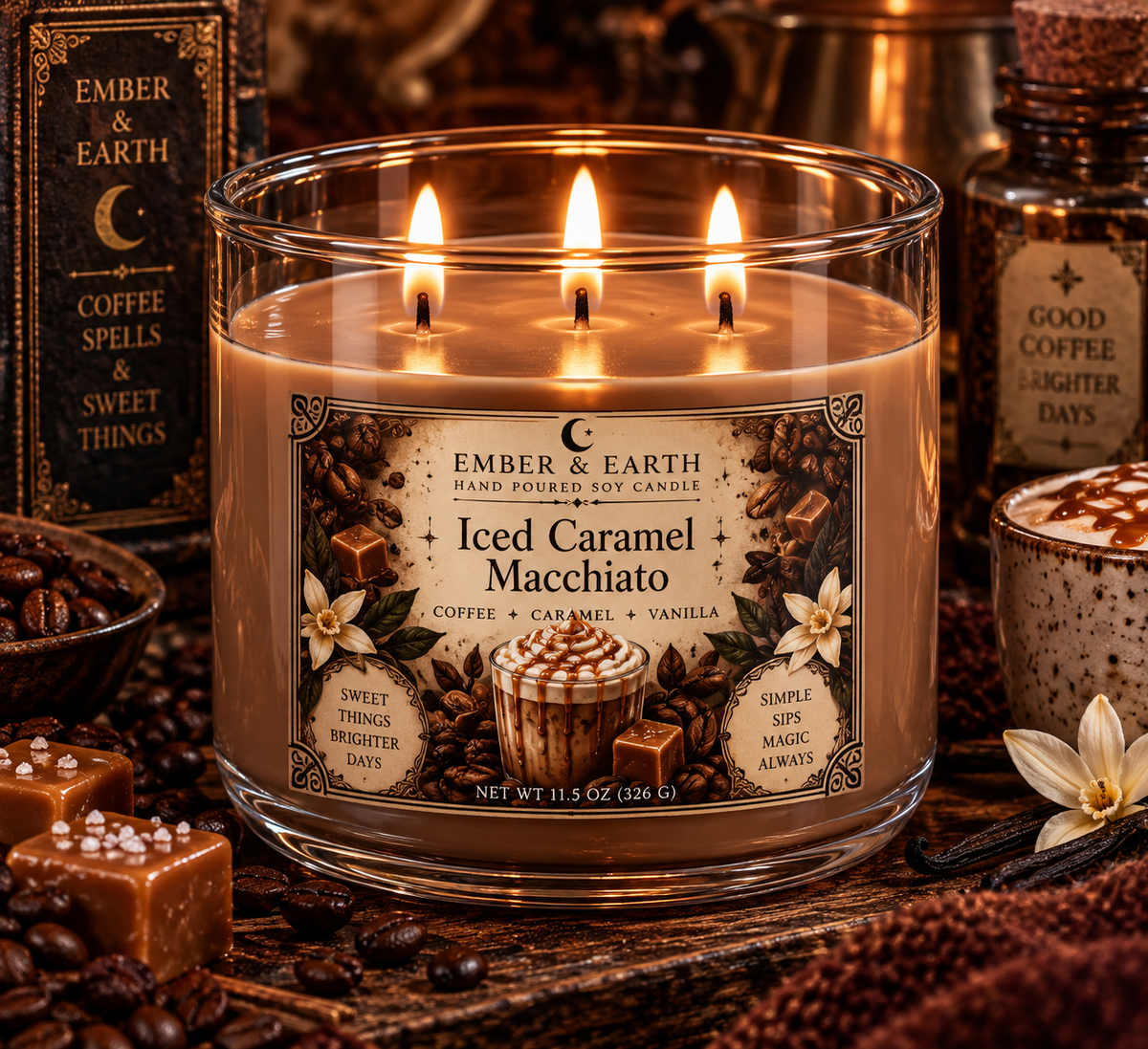 Iced Caramel Macchiato Candle | Coffee Caramel Vanilla Soy Candle | Cozy Café Candle | Fall & Winter Candle | Ember & Earth