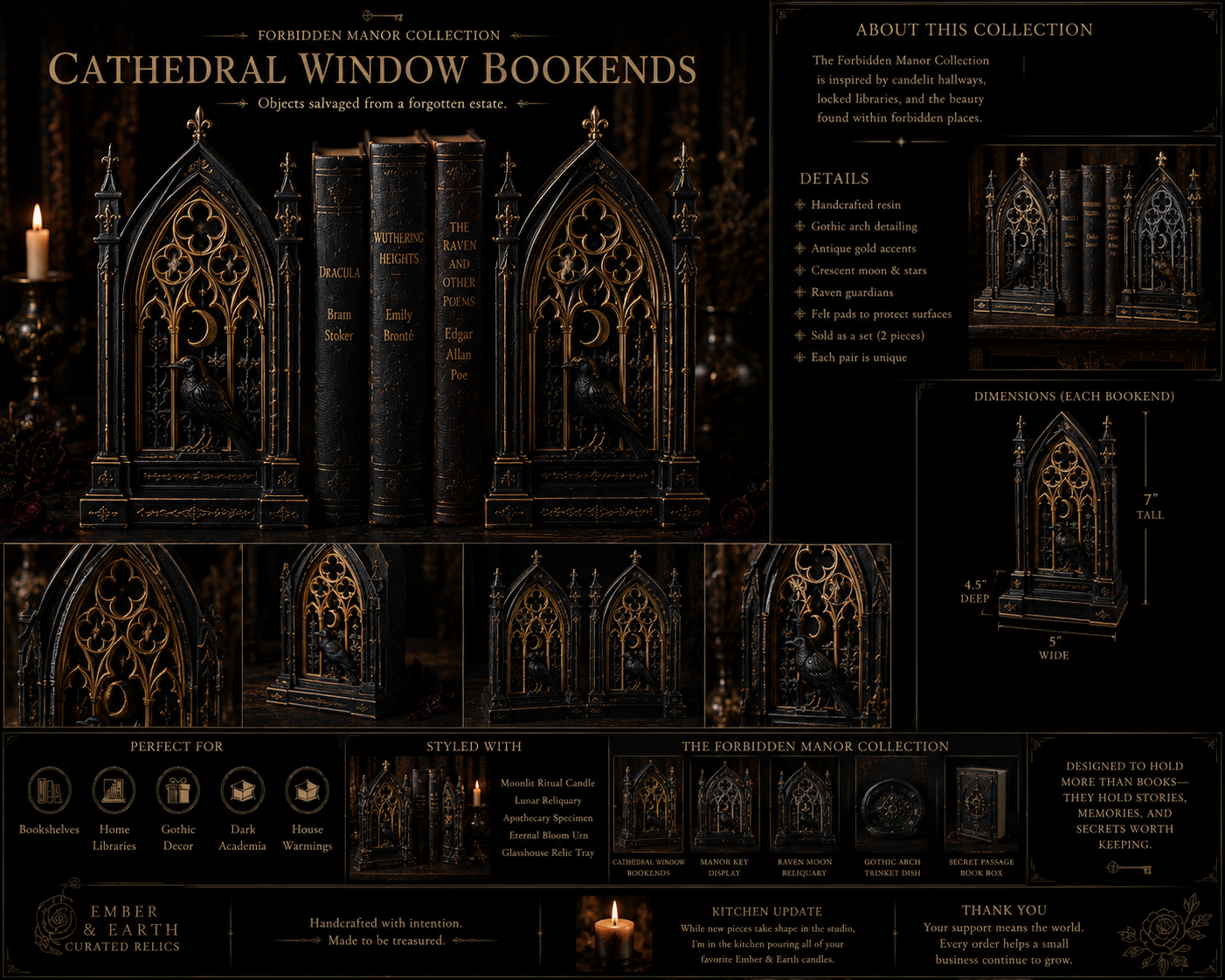 Cathedral Window Bookends | Gothic Library Decor | Dark Academia Bookends | Raven Bookends | Victorian Home Decor | Forbidden Manor Collection