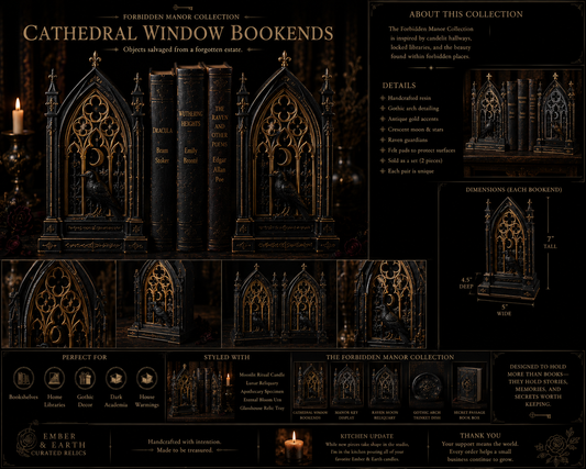 Cathedral Window Bookends | Gothic Library Decor | Dark Academia Bookends | Raven Bookends | Victorian Home Decor | Forbidden Manor Collection