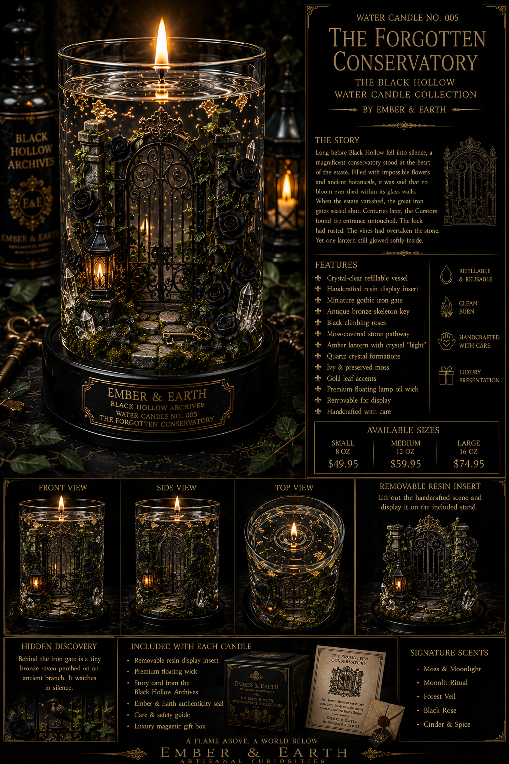 Water Candle No. 005 The Forgotten Conservatory The Black Hollow Water Candle Collection By Ember & Earth  "Every forgotten garden begins with a locked gate."
