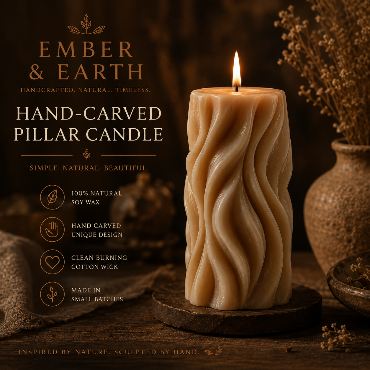 Ember & Earth Hand-Carved Pillar Candle | Artisan Collection