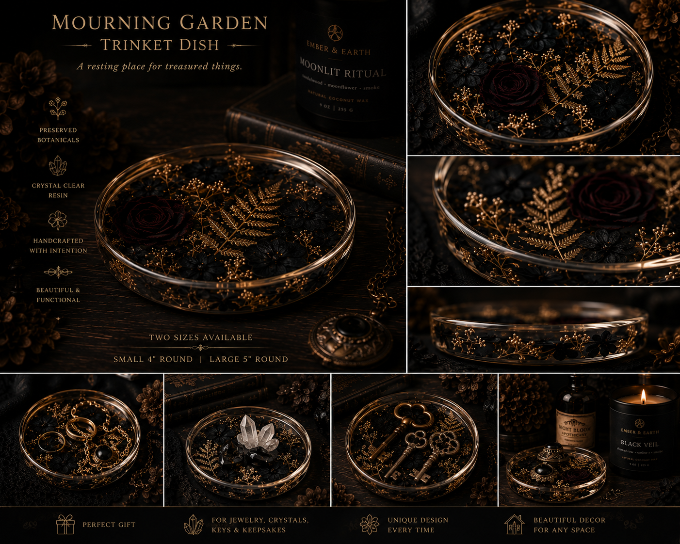 Mourning Garden Trinket Dish | Botanical Resin Ring Dish | Gothic Vanity Decor | Dark Academia Jewelry Tray | Curio Collection