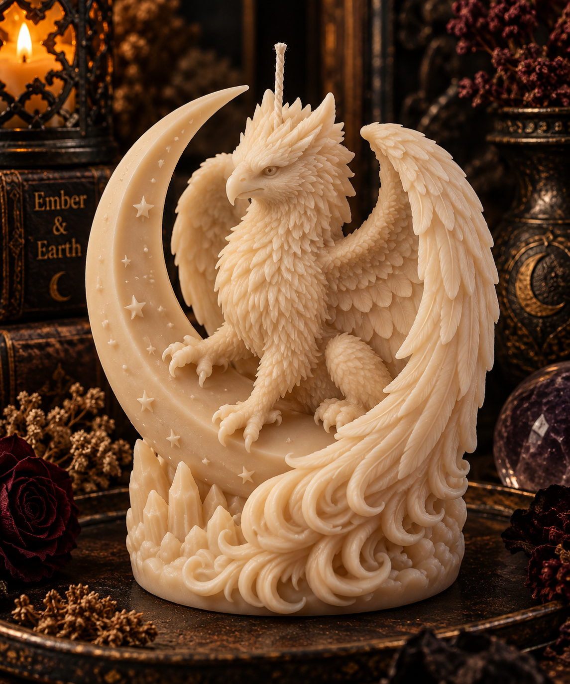Moonlit Guardian Candle | Winged Fantasy Candle | Crescent Moon Candle | Gothic Fantasy Decor | Mythical Creature Candle | Witchy Home Decor