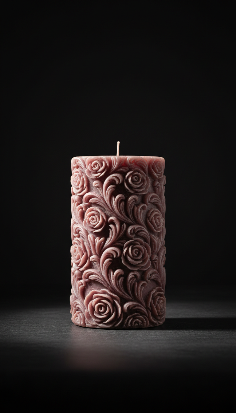 Baroque Rose Pillar in Carved Dusky Wax