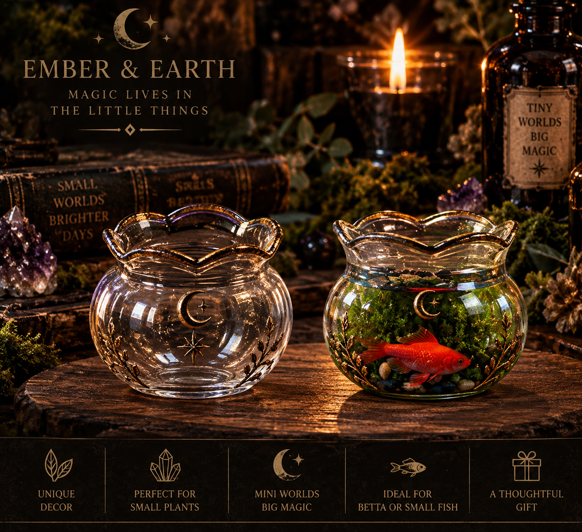 Enchanted Little Pond | Mini Glass Fish Bowl | Magical Desktop Décor | Tiny Aquatic World | Witchy Cottagecore Décor | Ember & Earth