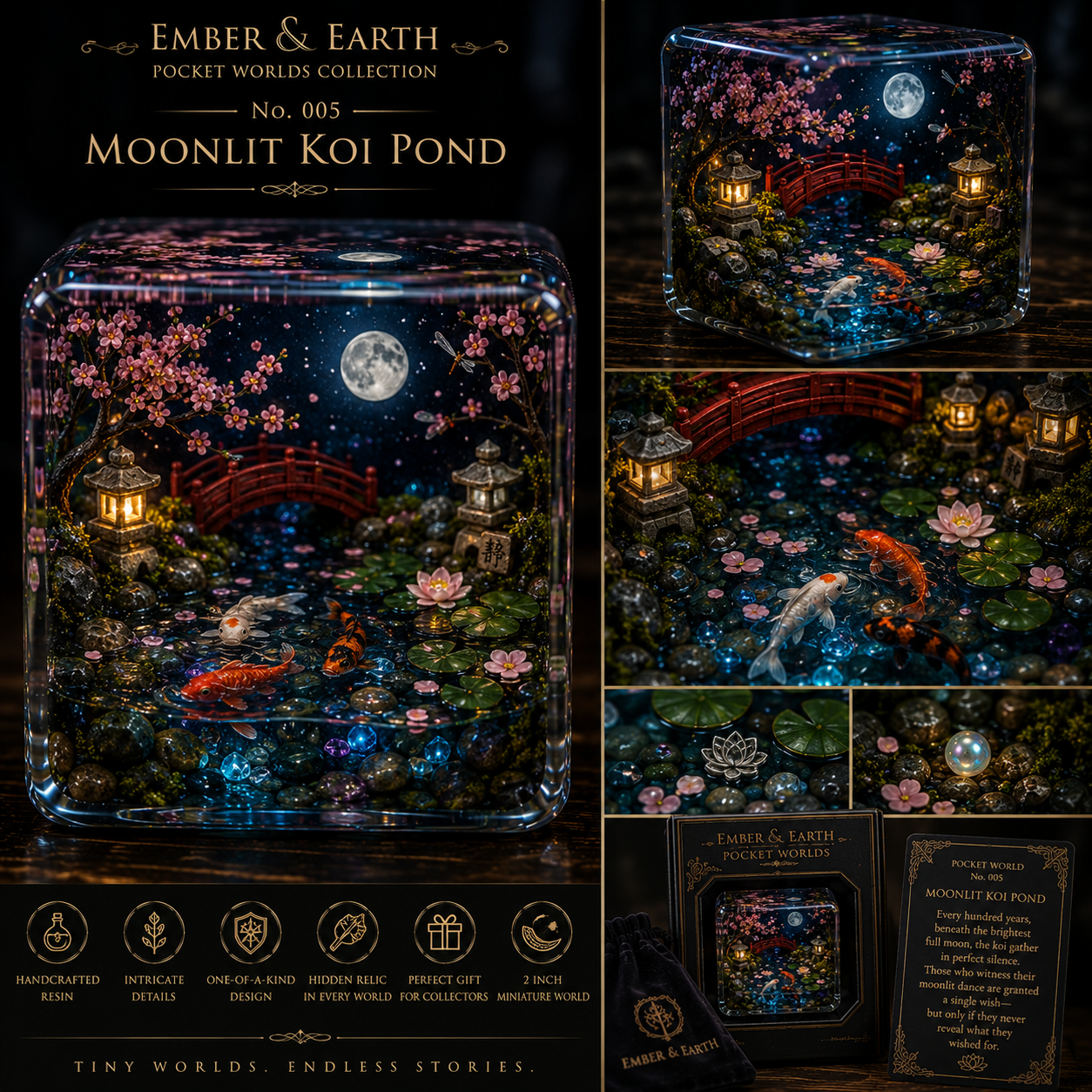 Moonlit Koi Pond | Pocket World Miniature Resin Diorama | Handcrafted Zen Garden Collectible | Enchanted Water Garden | Fantasy Resin Art