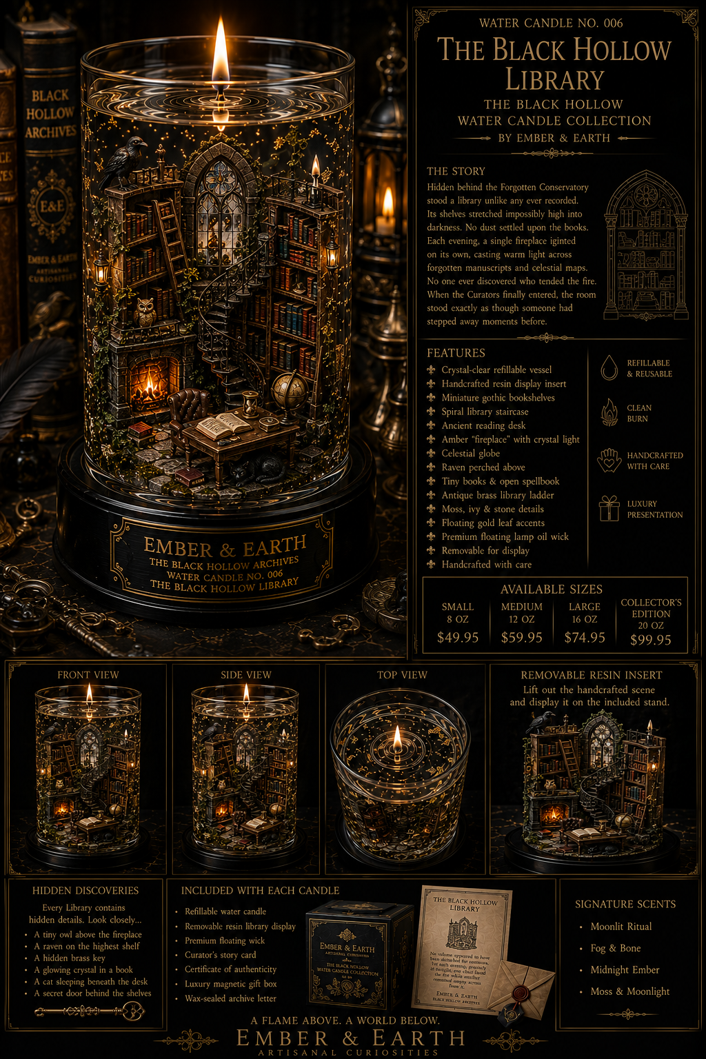 Water Candle No. 006 The Black Hollow Library The Black Hollow Water Candle Collection By Ember & Earth "Every book remembers its reader."