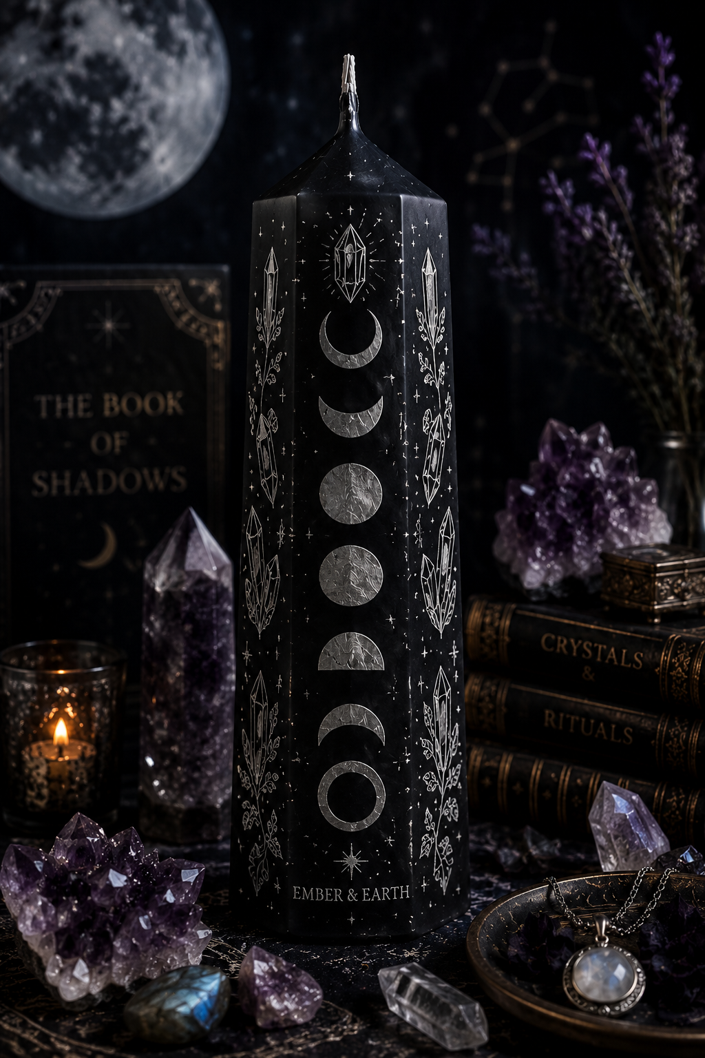 Crystal Witch Moon Phase Pillar Candle | Celestial Crystal Decor | Gothic Home Accent | Witchy Gift | Lunar Alchemy