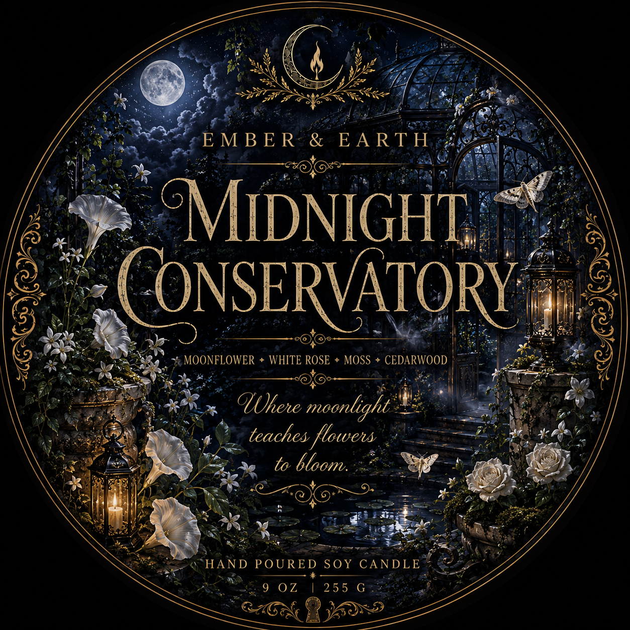 Midnight Conservatory | Moonflower, White Rose & Moss Luxury Soy Candle | Gothic Garden Candle | Hand-Poured by Ember & Earth
