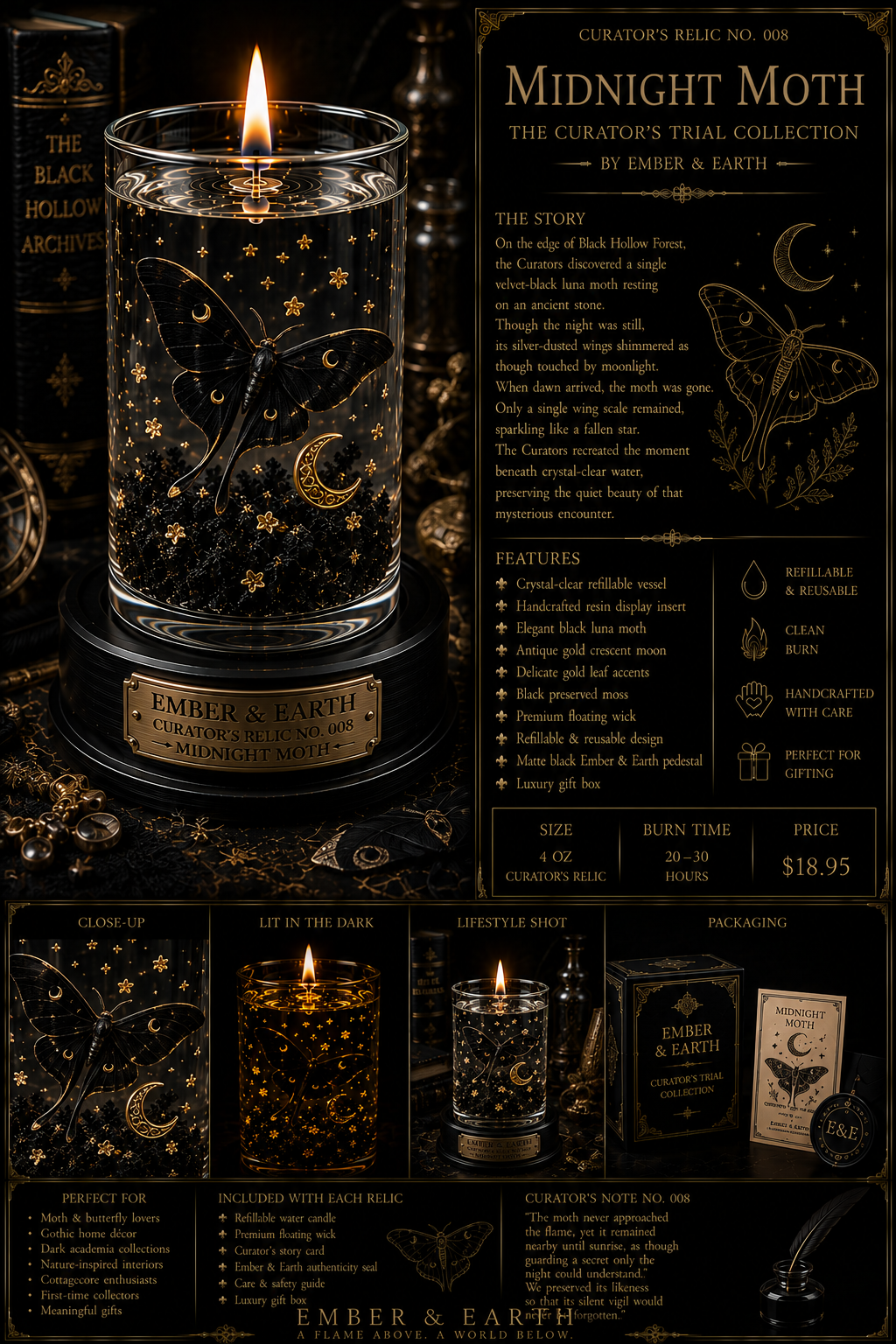 Curator's Relic No. 008 Midnight Moth The Curator's Trial Collection By Ember & Earth  "Drawn not to the flame... but to the mystery beneath it."