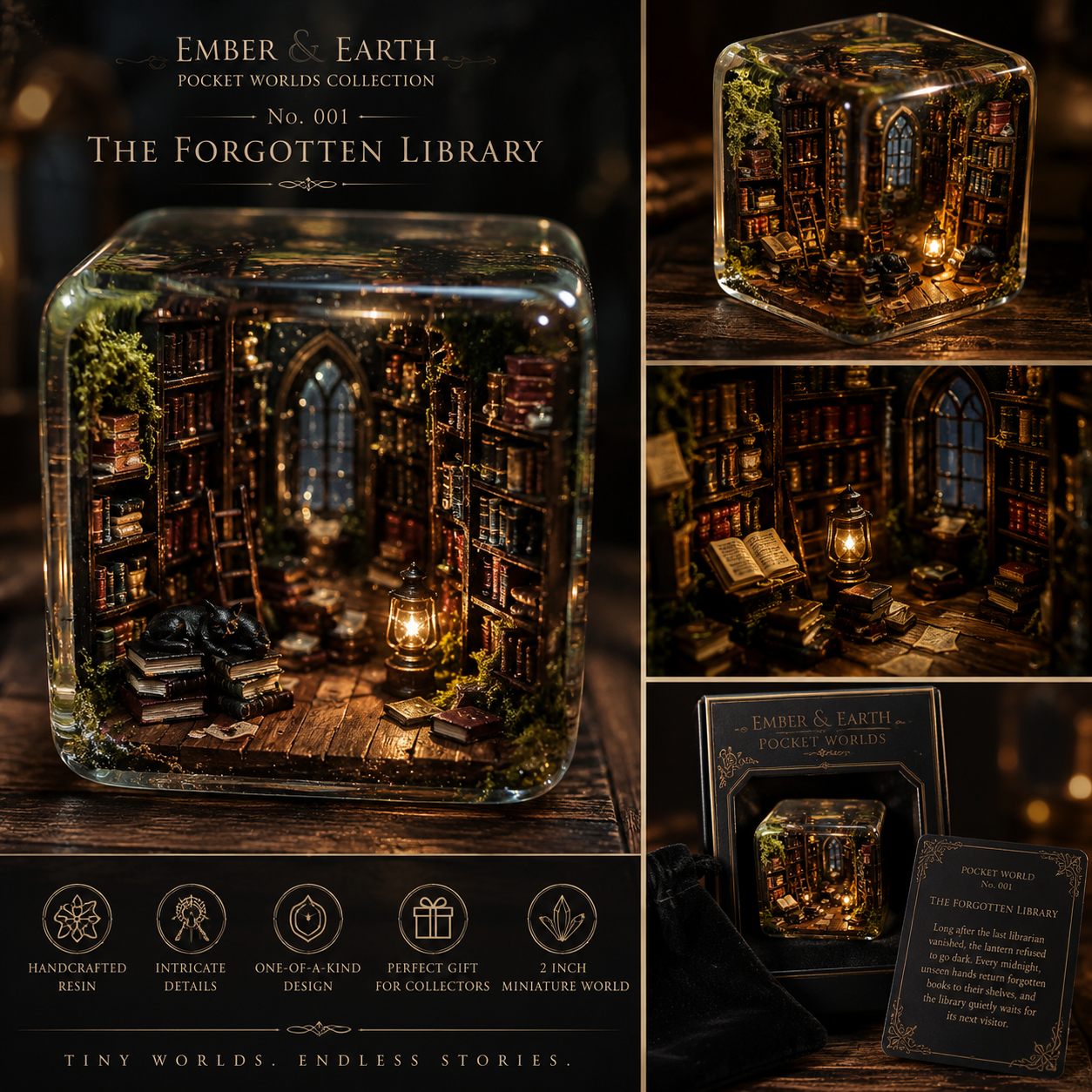 The Forgotten Library | Pocket World Miniature Resin Diorama | Handcrafted Fantasy Collectible | Dark Academia Décor | Tiny Magical Library