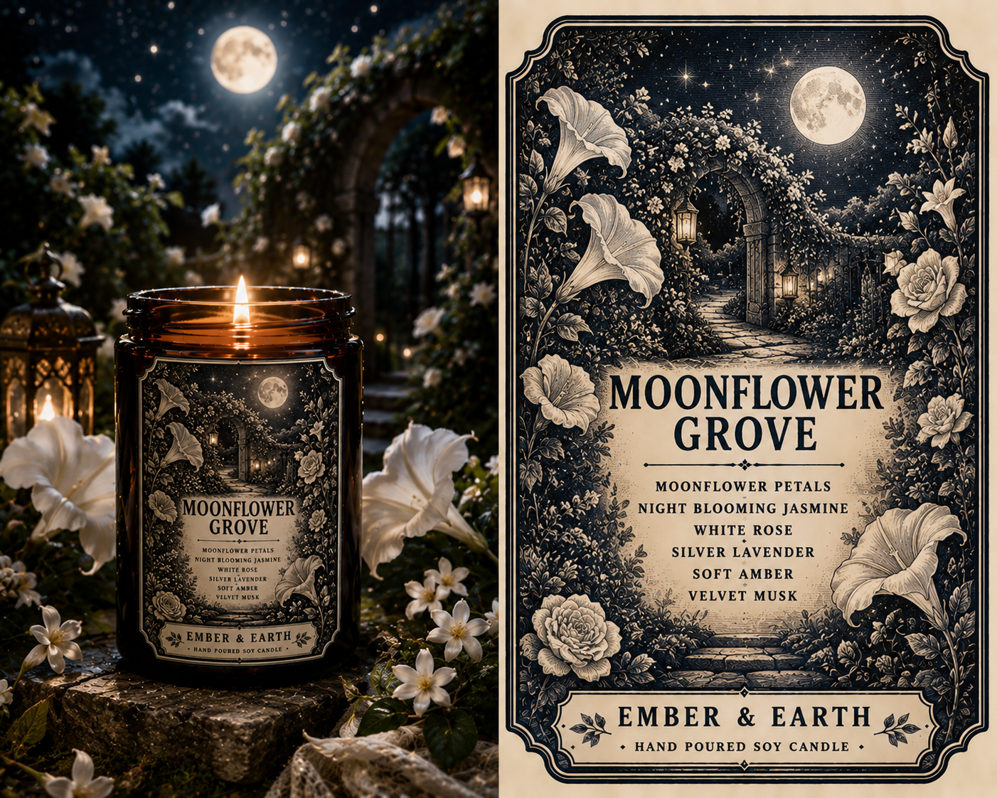A romantic blend of moonflower petals, jasmine, white rose, lavender, amber, and velvet musk. Moonflower Grove brings the magic of a moonlit garden into your home.