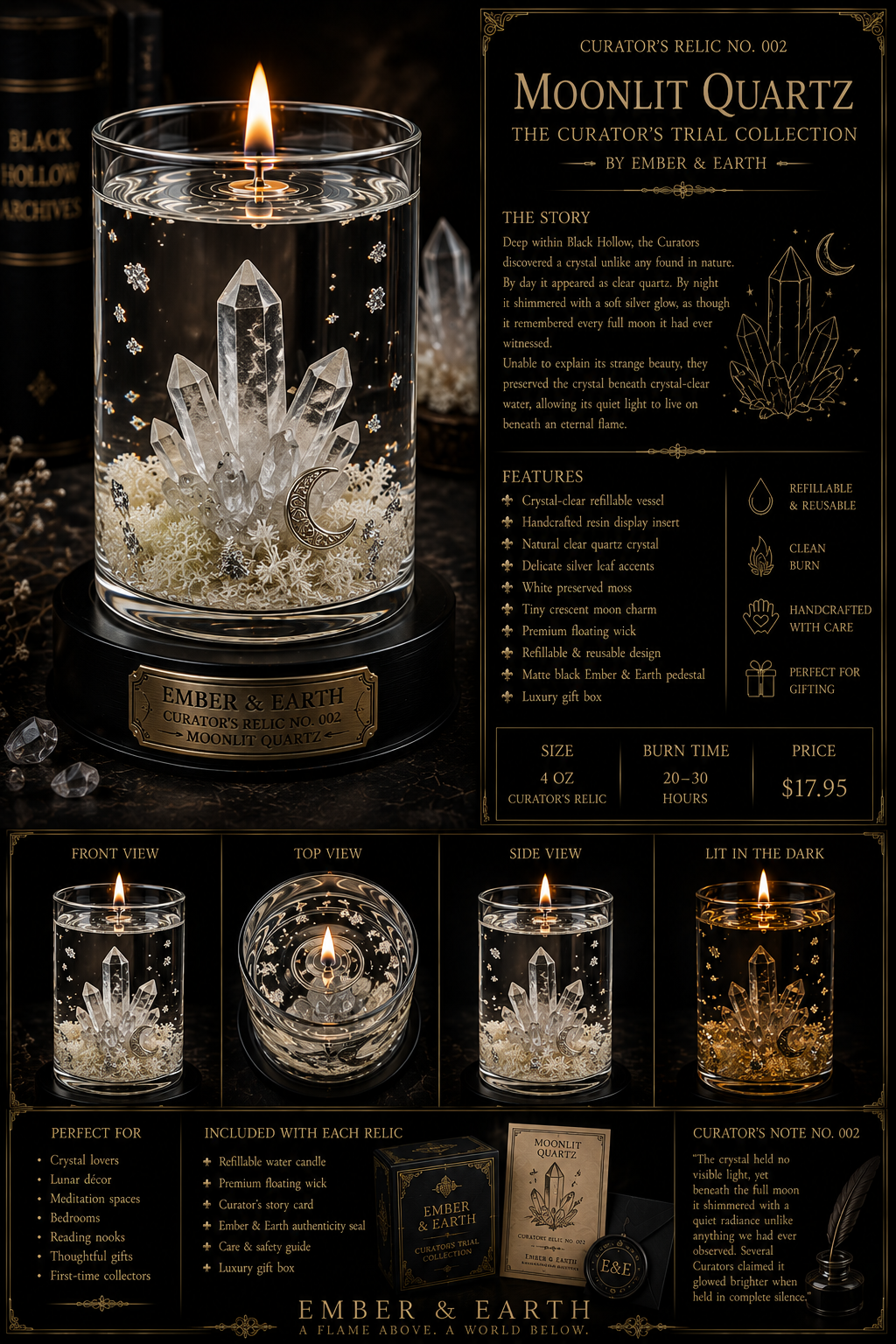 Curator's Relic No. 002 Moonlit Quartz The Curator's Trial Collection By Ember & Earth  "A fragment of moonlight, preserved beneath a living flame."