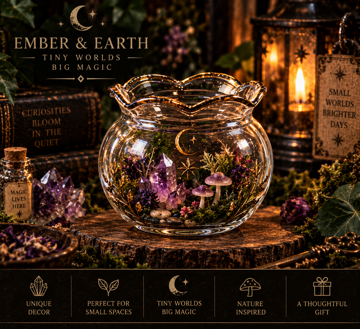 Enchanted Forest Terrarium | Mini Mushroom & Crystal Garden | Magical Woodland Décor | Tiny World | Witchy Cottagecore Gift | Ember & Earth