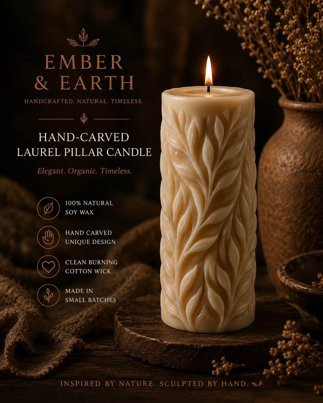 Ember & Earth Hand-Carved Laurel Pillar Candle