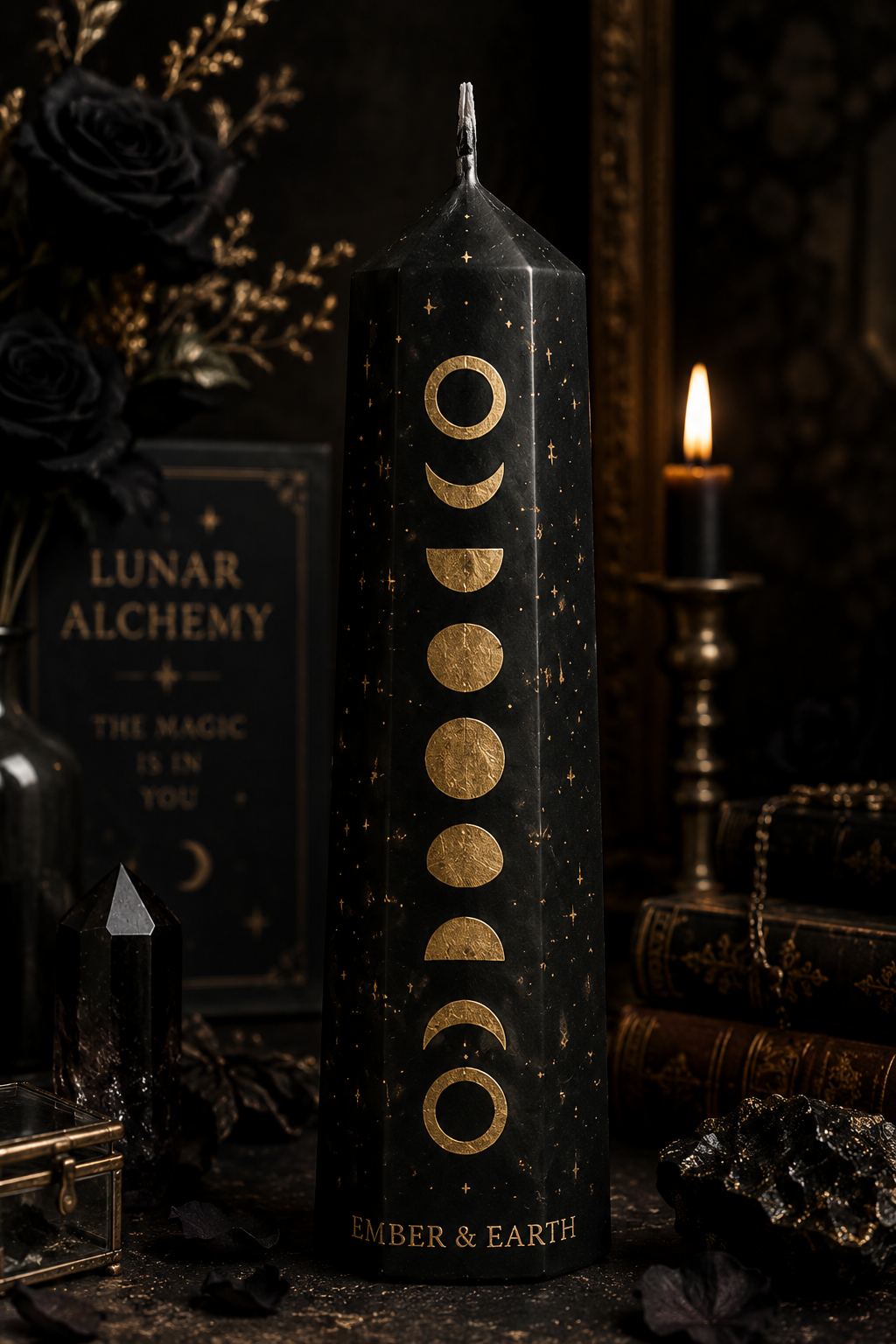 Obsidian & Gold Luxury Moon Phase Pillar Candle