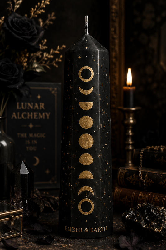Obsidian & Gold Luxury Moon Phase Pillar Candle