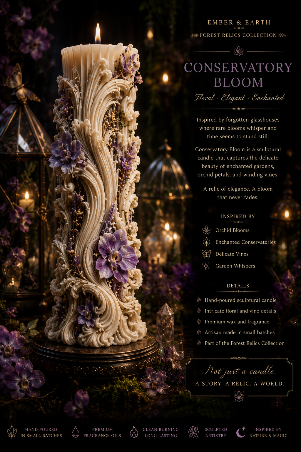 Conservatory Bloom Sculptural Candle | Orchid Candle Art | Floral Pillar Candle | Cottagecore Decor | Luxury Botanical Candle | Forest Relics Collection