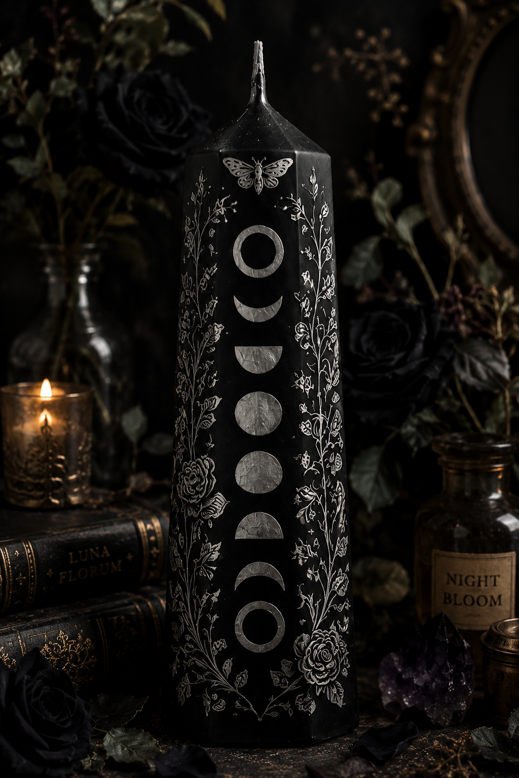 Botanical Lunar Moon Phase Pillar Candle | Gothic Botanical Decor | Celestial Home Accent | Dark Cottagecore Gift