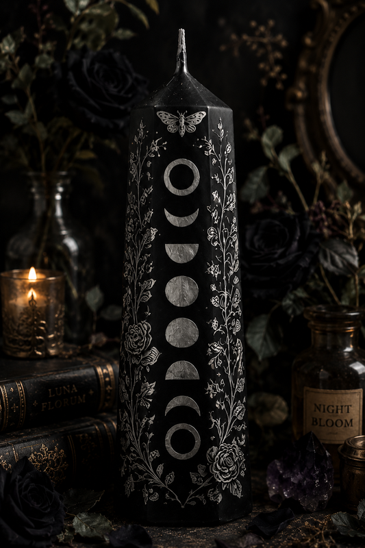 Botanical Lunar Moon Phase Pillar Candle | Gothic Botanical Decor | Celestial Home Accent | Dark Cottagecore Gift