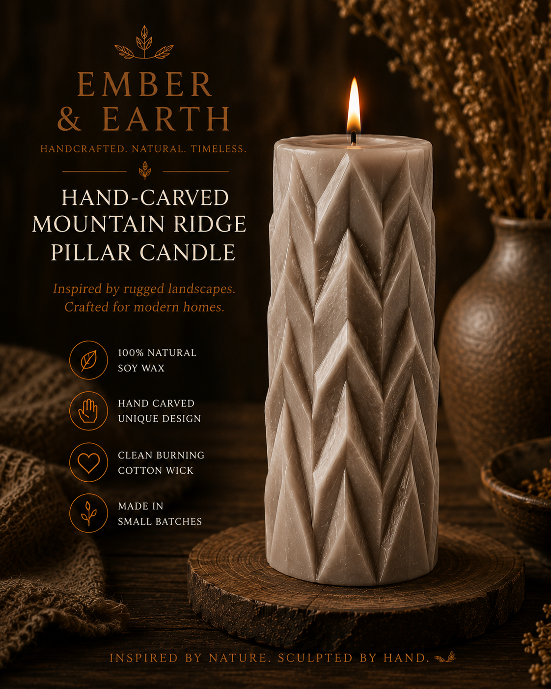 Ember & Earth Hand-Carved Mountain Ridge Pillar Candle