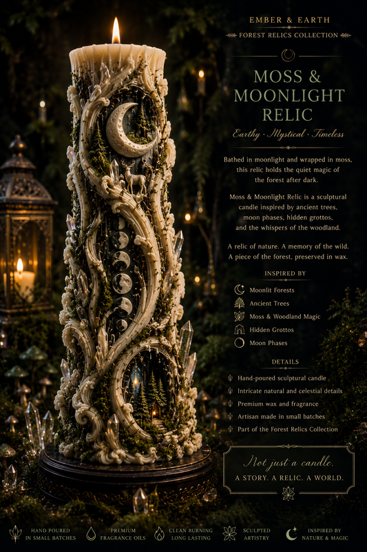 Moss & Moonlight Relic Sculptural Candle | Moon Phase Candle | Woodland Art Candle | Fantasy Forest Decor | Luxury Handmade Candle | Forest Relics Collection