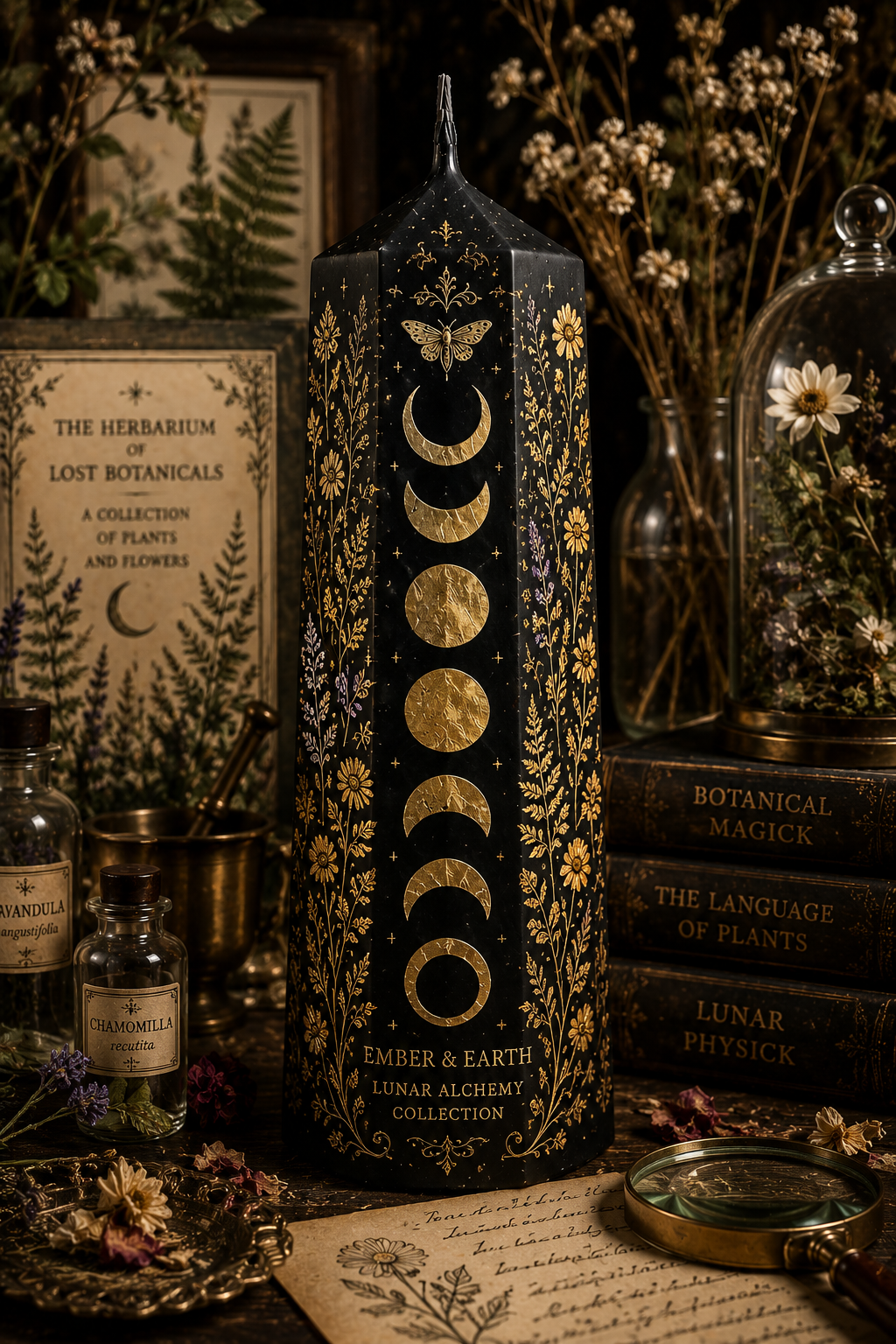 Celestial Herbarium Moon Phase Pillar Candle | Botanical Apothecary Decor | Cottagecore Candle | Lunar Alchemy Collection