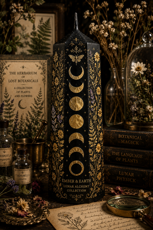 Celestial Herbarium Moon Phase Pillar Candle | Botanical Apothecary Decor | Cottagecore Candle | Lunar Alchemy Collection