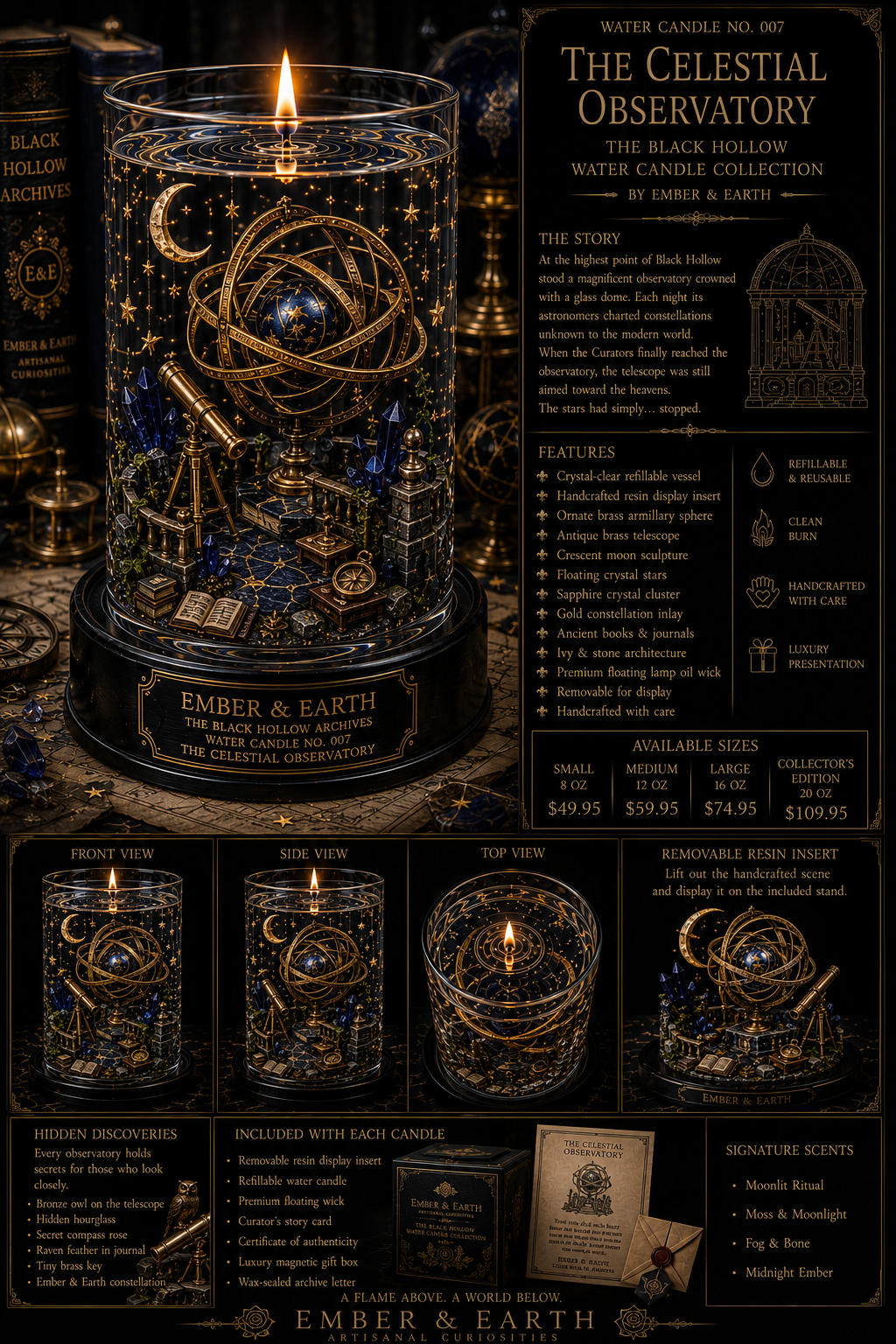 Water Candle No. 007 The Celestial Observatory The Black Hollow Water Candle Collection By Ember & Earth "The stars were never outside... they were waiting within."