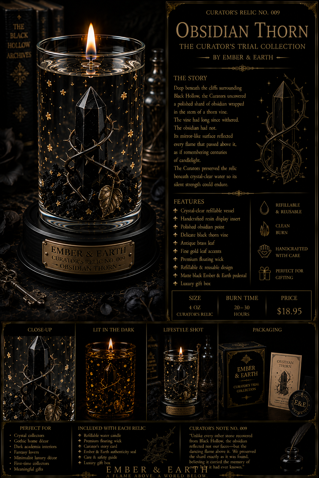 Curator's Relic No. 009 Obsidian Thorn The Curator's Trial Collection By Ember & Earth  "Even the sharpest thorn can protect something beautiful."