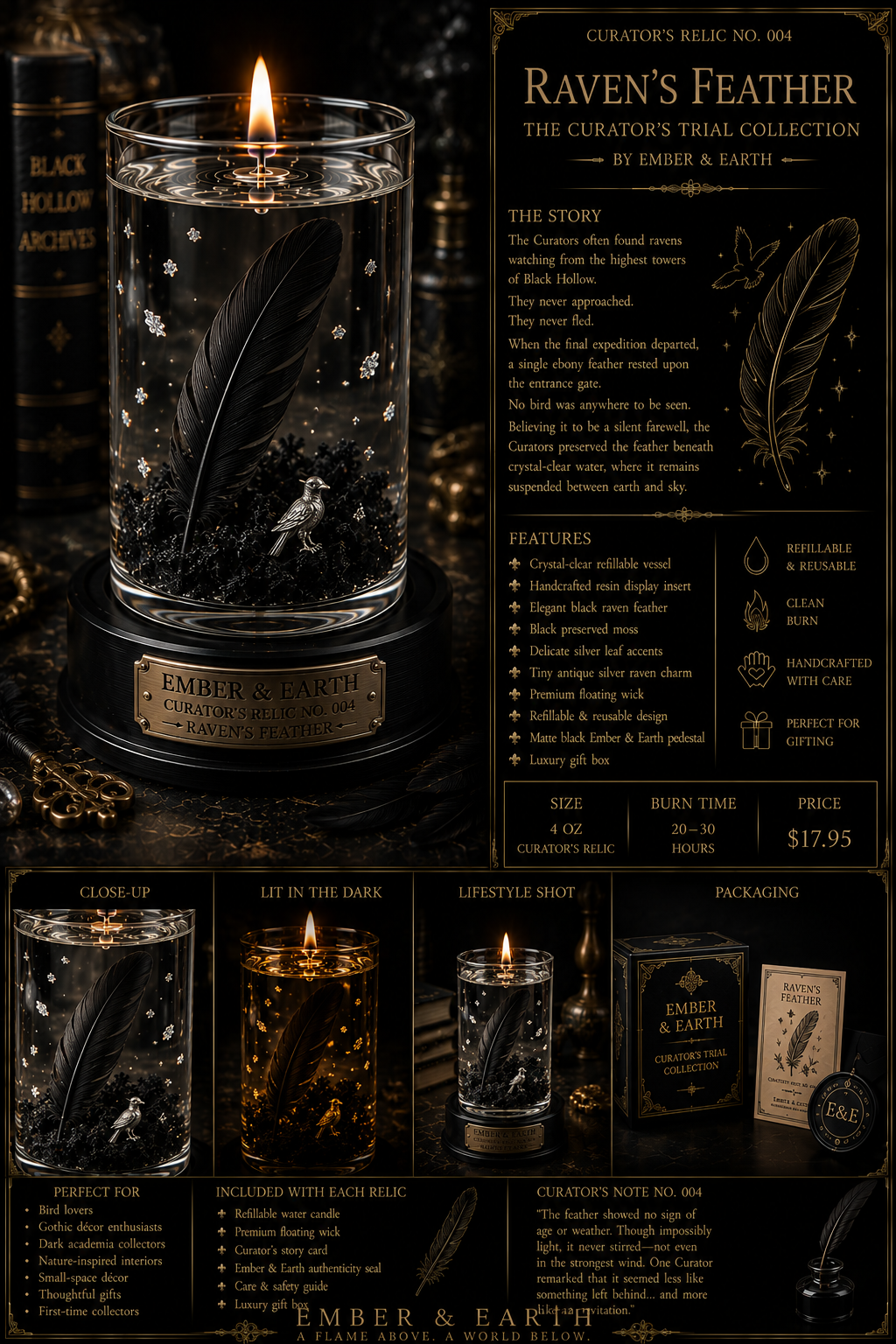 Curator's Relic No. 004 Raven's Feather The Curator's Trial Collection By Ember & Earth  "Every feather carries the memory of the sky."