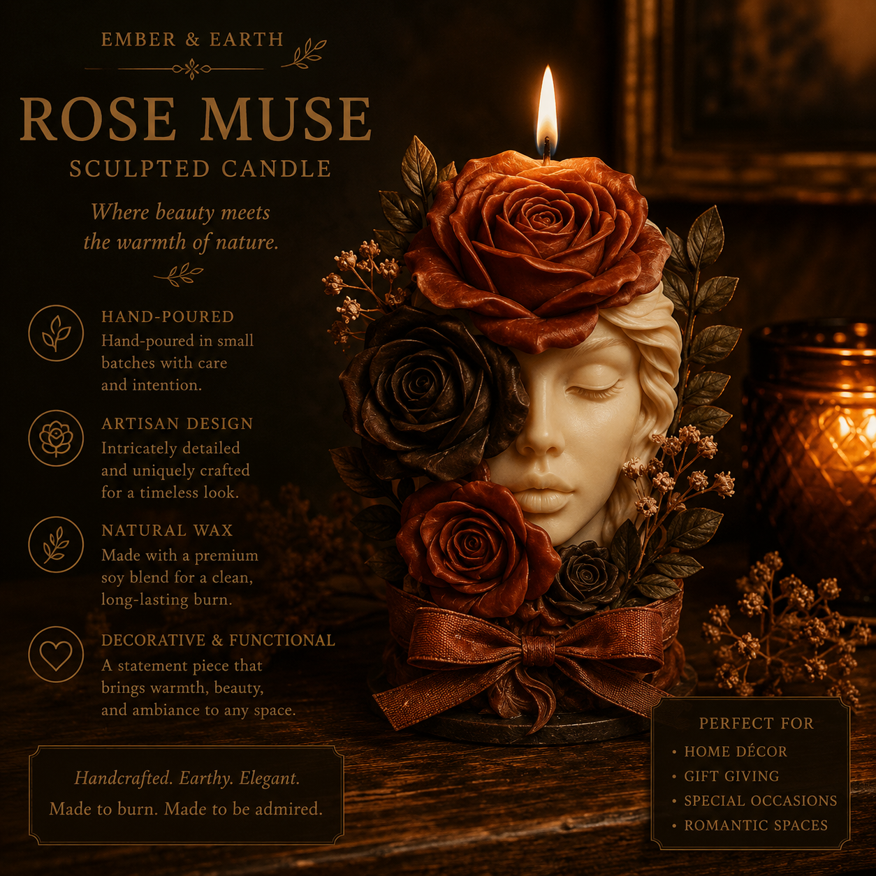 Rose Muse Sculpted Candle Ember & Earth Collection  Where timeless beauty blossoms into warm candlelight.