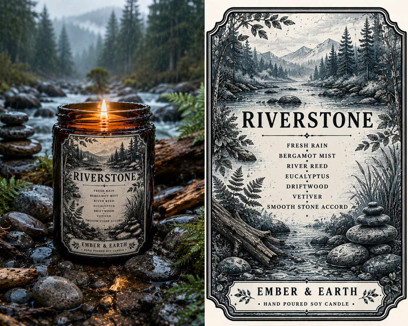 Riverstone Candle | Rain & Driftwood Candle | Fresh Woodland Scent | Nature Inspired Soy Candle | Relaxing Home Fragrance | Handmade Gift