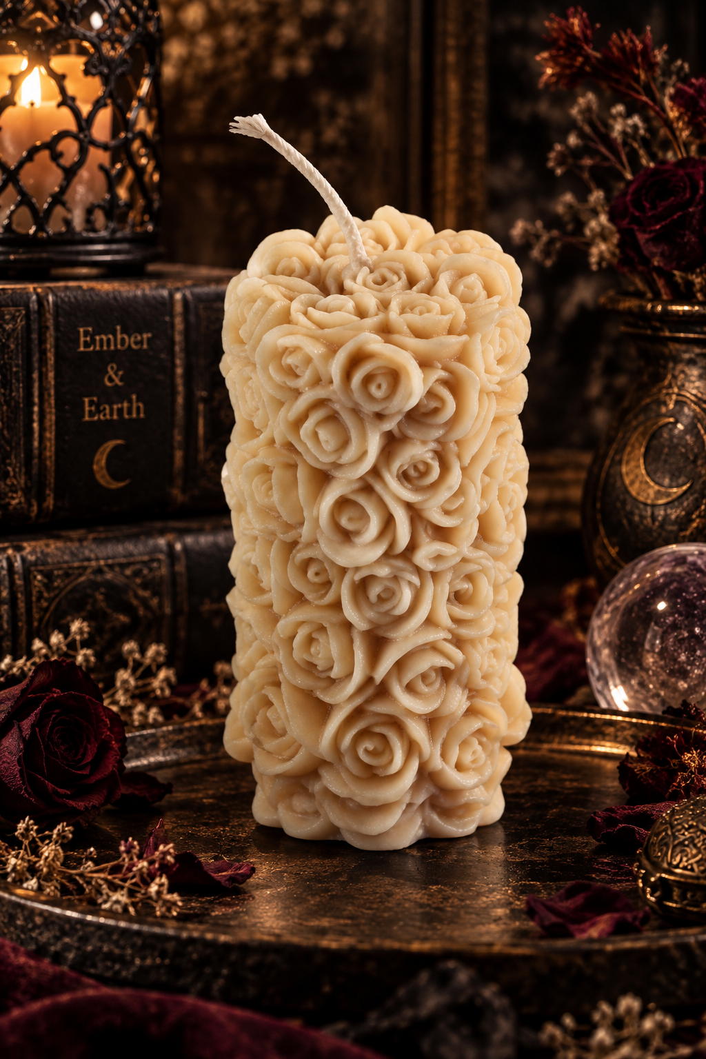Rose Enchanted Pillar Candle | Gothic Rose Candle | Romantic Gothic Decor | Floral Pillar Candle | Dark Cottagecore Decor | Ember & Earth