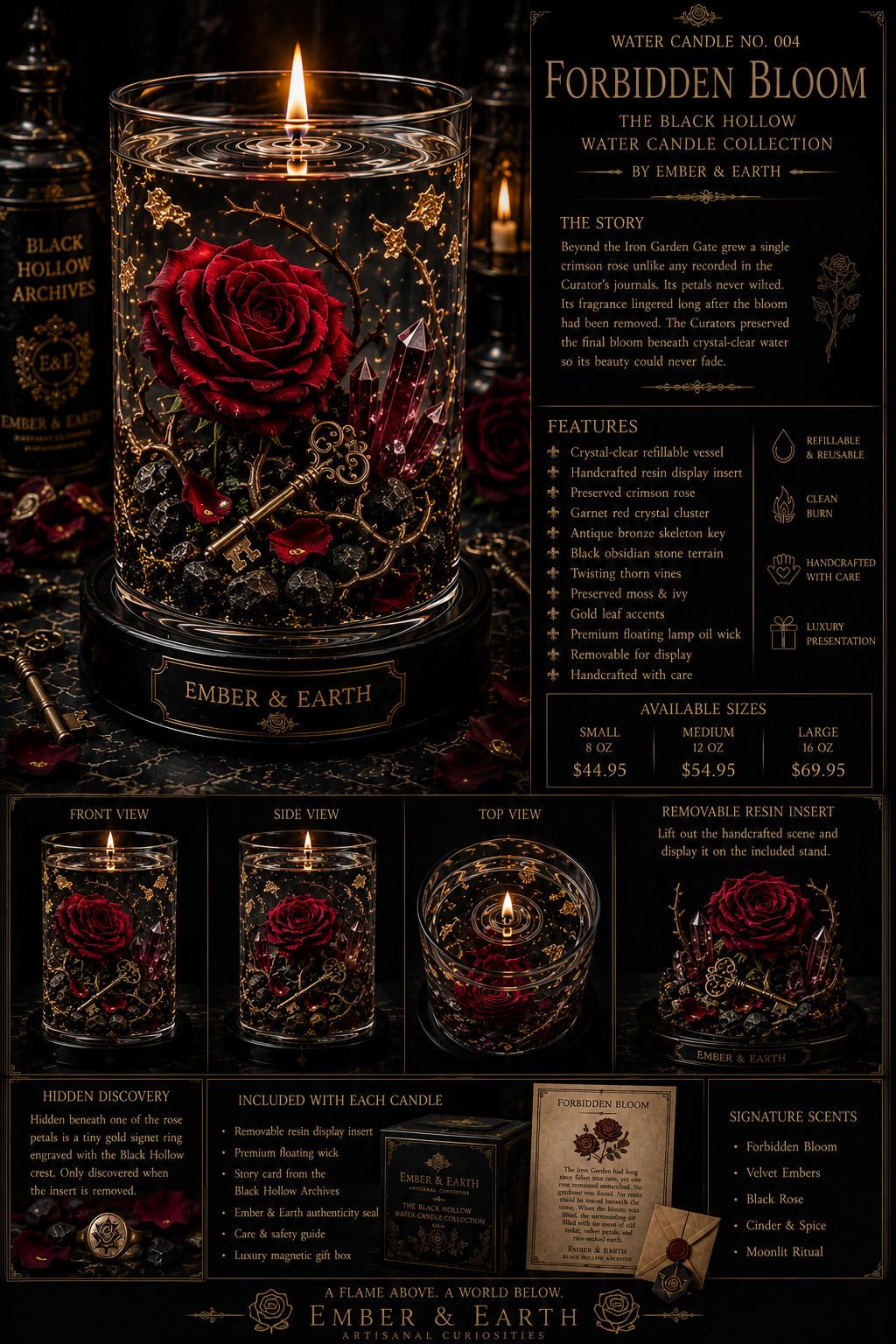 Water Candle No. 004 Forbidden Bloom The Black Hollow Water Candle Collection By Ember & Earth  "Some flowers were never meant to bloom... yet one still does."